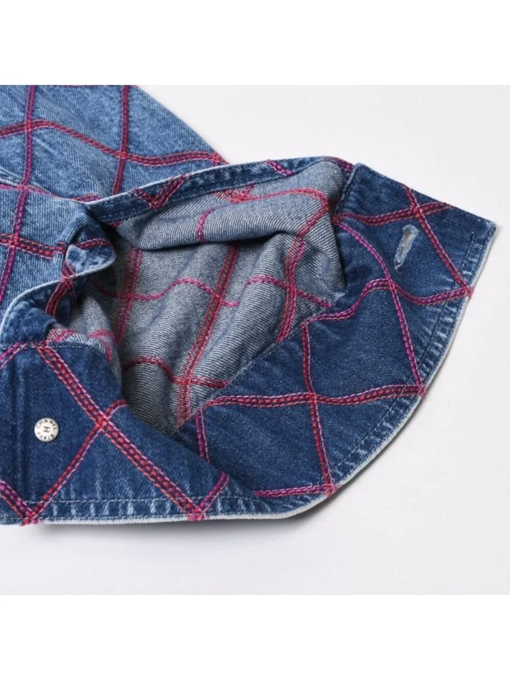 Chanel Collarless Denim Jacket CC Logo Stitch Blue
